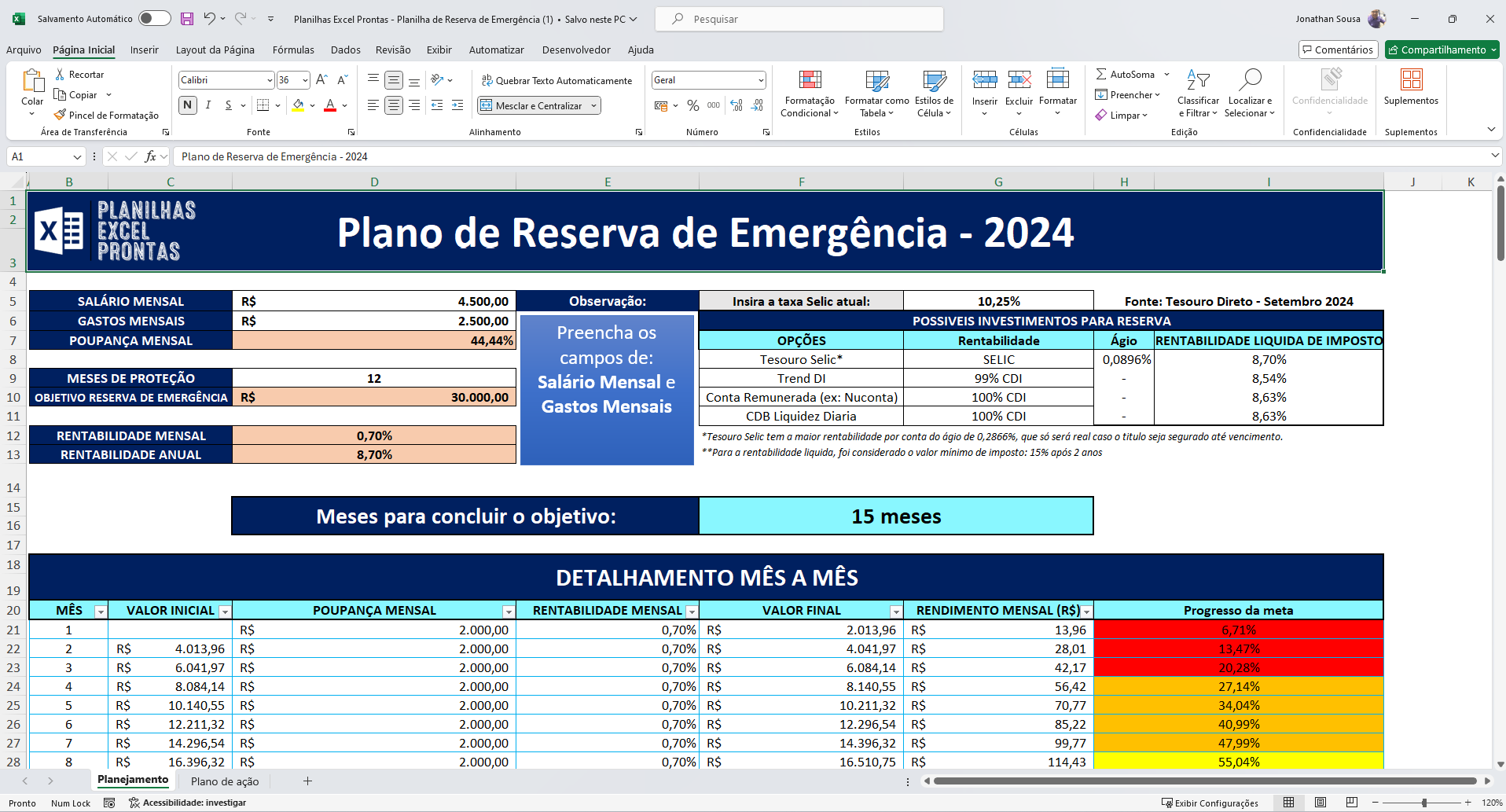 Planilha de Reserva de Emergência