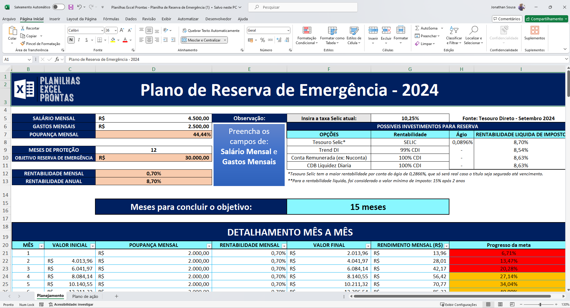 Planilha de Reserva de Emergência